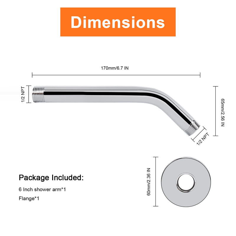HarJue Shower Arm with Flange and Teflon Tape, Wall Mounted Shower Pipe Arm 304 Stainless Steel Extension Arm for Fixed Shower Head & Handheld Showerhead (6 Inch, Chrome) 6 Inch