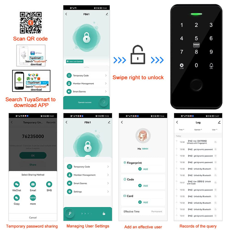 NFC Bluetooth Tuya Access Controller IP68 Waterproof RFID Keypad Fingerprint Biometrics Smart Password Lock System + 10pcs 13.56MHz Keyfobs