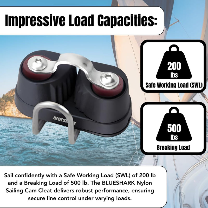 BLUESHARK Nylon Sailing Cam Cleat with Wire and Strap Fairlead 132 | for Line Sizes 1/8" in - 3/8" in (3-10 mm) | 200 lb Safe Working Load 500 lb Breaking Load | Premium Quality 2 Pack
