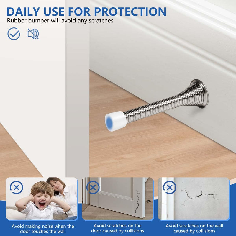 12 Pack Spring Door Stops 3 1/4" Flexible Heavy Duty Spring Door Stopper with RustProof Screw Rubber Bumper Tips (Satin Nickel) Satin Nickel 12 Pack