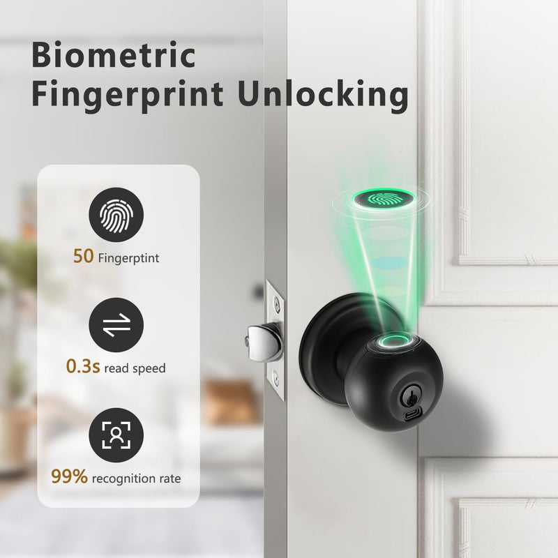 Fingerprint Door Lock, Smart Fingerprint Door Knob with Lock, Biometric Black Door Lock, Keyless Thumbprint Entry Door Lock for Bedrooms, Hotels, Apartments, Offices and Garages 1