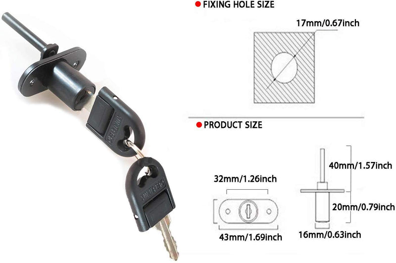 HOWDIA 2 Pcs - Drawer Lock Cabinet Locks with Keys, Zinc Alloy Desk Locks File Cabinet Lock for Wardrobe Furniture Locker Showcase with 2 Key 16mm (Black)