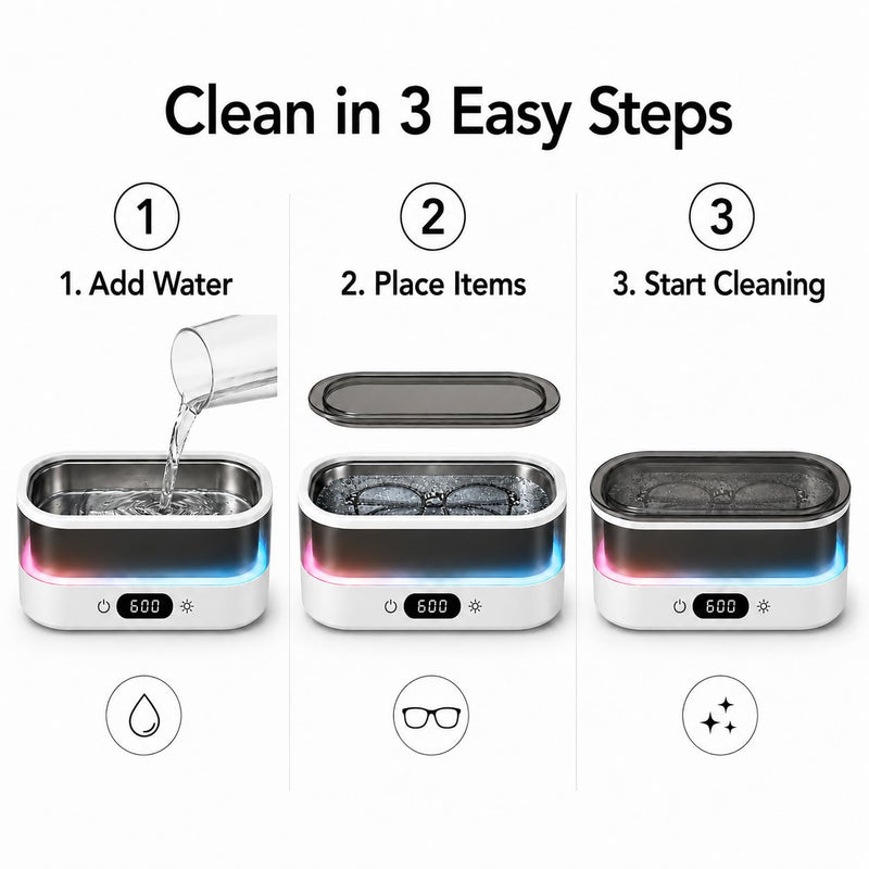 Ultrasonic Cleaner for Jewelry, Glasses & Retainers, 48kHz Sonic Cleaning Machine with 7-Color LED Ambient Light, Digital Timer, Quiet Deep Cleaner for Rings, Dentures & Watches（White） White