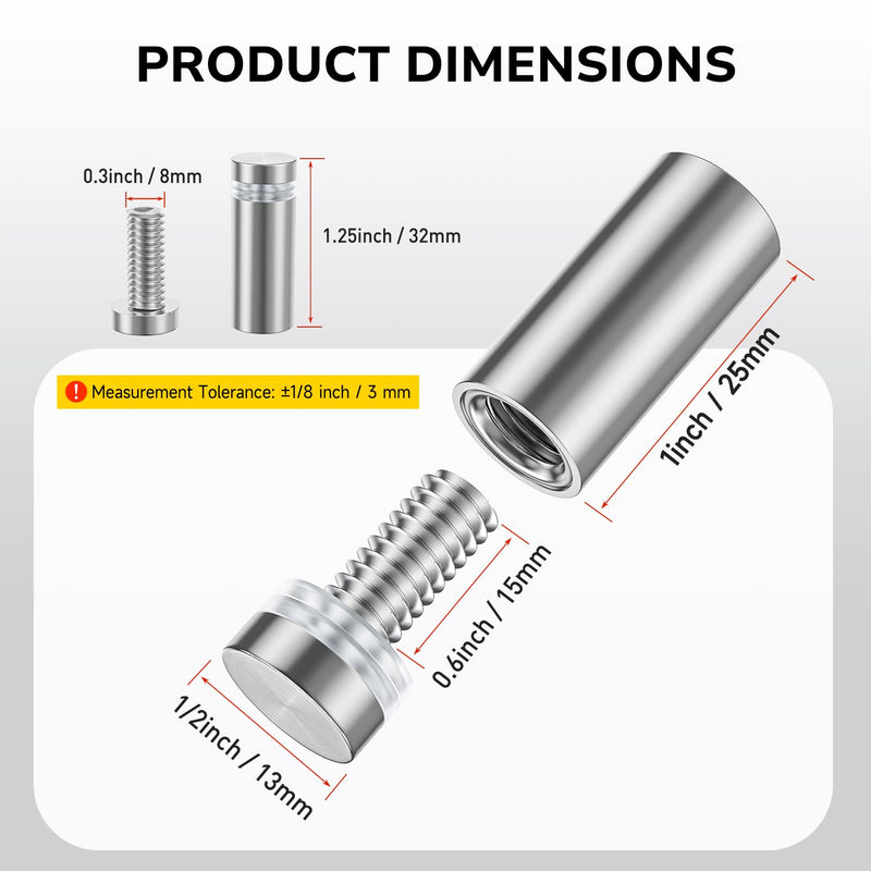 50 PCS Stainless Steel Standoff Screws (1/2 in. Dia x 1 in. L), Stand Off Mounting Hardware Advertising for Acrylic Signs, Silver 1/2 x1 Inch 50