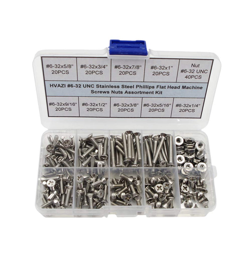 #6-32 UNC Stainless Steel Phillips Flat Head Machine Screws Nuts Assortment Kit #6-32UNC