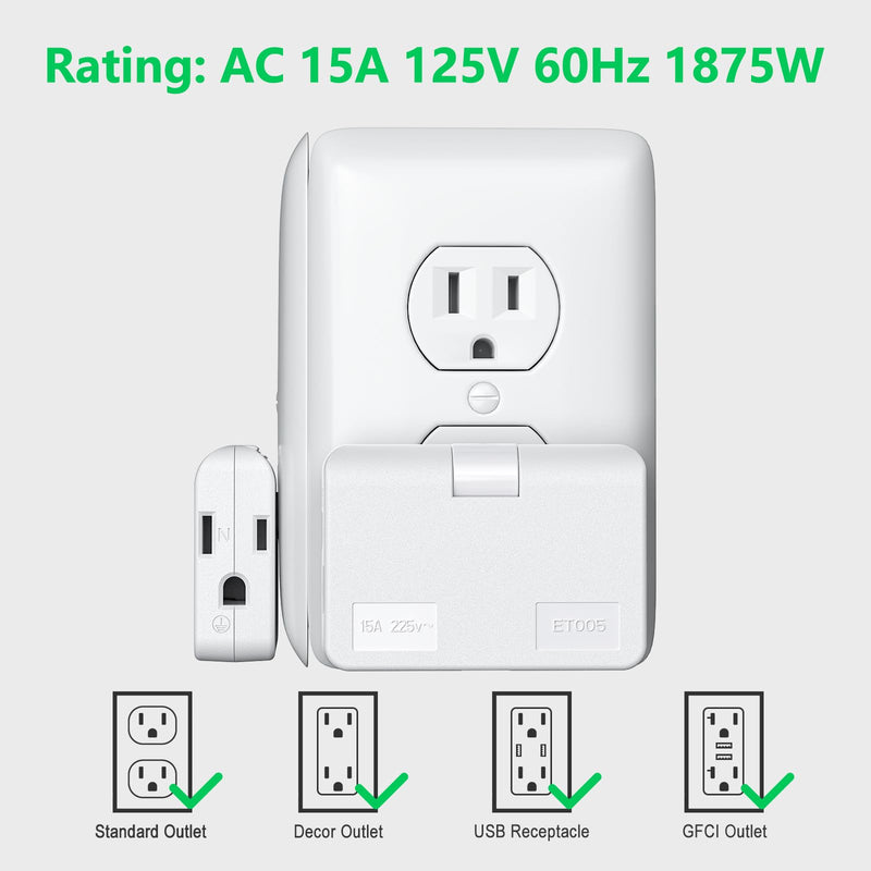 2-3 Prong Adapter,2 Prong to 3 Prong Outlet Adapter, 3 Prong to 2 Prong Adapter Converter,flat wall plug, Swivel Polarized Grounding Converter, Fireproof 3 Outlet Adapter for Household,2 Pack White