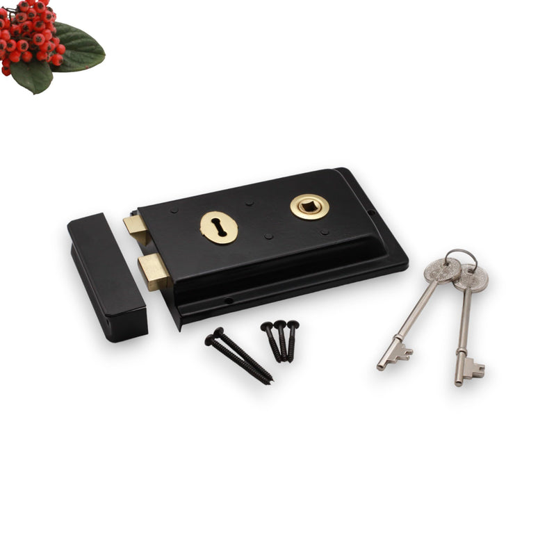Infinity Decor Fluted Epoxy Black Rim Lock Latch Set – Traditional Cast Iron Locks Security for Garden Gates and External Sheds Doors