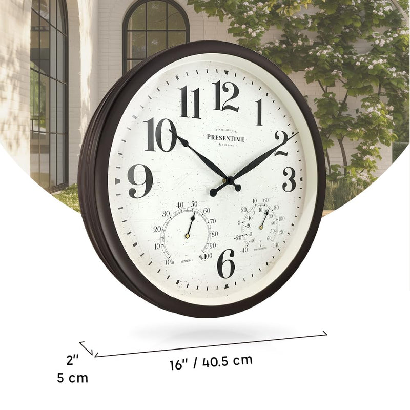 Presentime & Co 16" Farmhouse in/Outdoor Clock, Wall Clock & Weather Station, Weather Thermometer, Wall Décor and Timepiece for Farmhouse Decoration, Oil Rubbed Bronze Finish