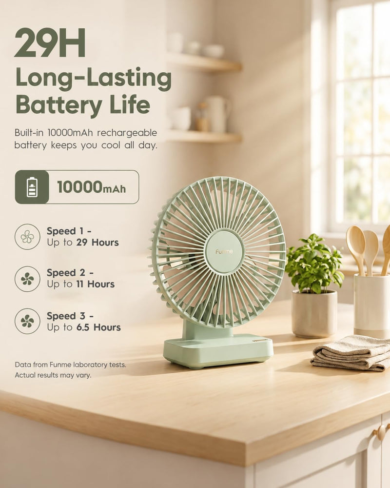 Funme Desk Fan, 10000mAh Rechargeable Table Fan with 29H Max Runtime, 3 Speeds, 90° Adjustable Tilt, Quiet Personal Desk Fan, Portable Desktop Fan forHome Office Bedroom Kitchen, Green Flagship Model