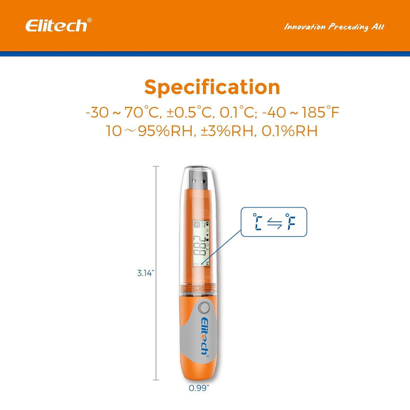 Elitech RC-51H USB Temperature Data Logger Reusable Digital Recorder Medical Refrigerator Thermometer Programmable Monitor 32000 Points High Accuracy RC-51H-Temp&Humi Sensor Orange 1