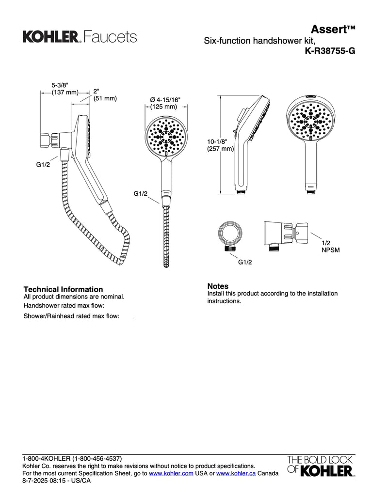 Kohler Assert Handshower Multifunction 6 Spray Modes Pause Magnetic Dock Easy Installation (Chrome)