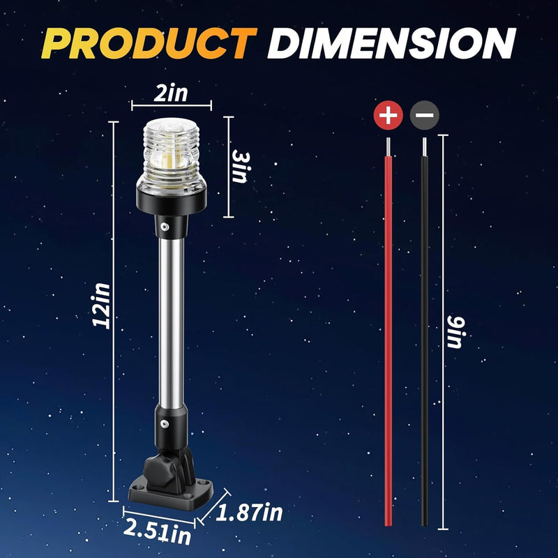12IN Boat Anchor Light LED Stern Lights Waterproof IP67 White Fold Down Marine Navigation Lights for Jon Boat,Bass Boats and Fishing Boats (12-24V)