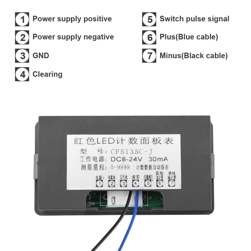 DC 8-24V Digit Counter, 4 Digit LED Digital Display 0-9999 Up/Down Plus/Minus Panel Counter Meter with Cable (Red) Red