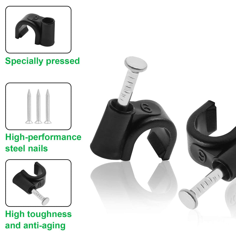 200pcs 1/4" / 6mm Half Clamp J-Hook with Nail, Nail in Cable Clips Ethernet Cable Nails Tacks Clips, Black 1/4" / 6mm, 200 PCS