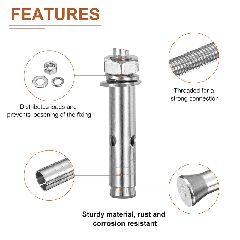 M10 x 70 Expansion Bolts - 4Pack- Good for Concrete Dry Brick Block Walls - 304 Stainless Steel - Silver M10 x 70 4