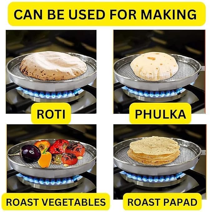 Stainless Steel Roti Grill Roaster with Handle for Gas Stove, Papad Jali Mesh Pan, Multi-Purpose Roasting Tawa for Roti, Phulka, Vegetables