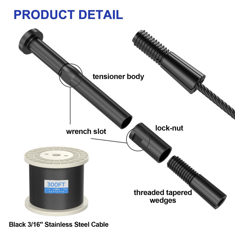 BLIKA 20 Pack 3/16" Black Swageless Invisible Cable Railing Kits 3/16"
