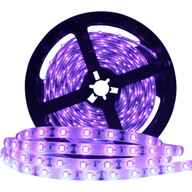 YGS-Tech 24 Watts UV Black Light LED Strip, 16.4FT/5M 3528 300LEDs 395nm-405nm Non-Waterproof Blacklight Night Fishing Implicitly Party with Power Supply 24Watts