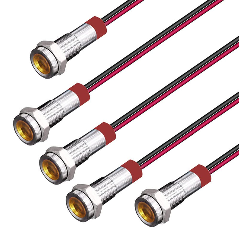 6mm LED Metal Indicator 3V-4.5V-5V-6V-7.5V-9VDC Energy Saving LED Light, Waterproof Signal Indicator Lamp with Wire (5pcs x Orange) Amber