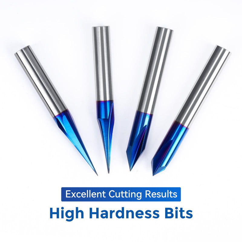 CNC Wood Carving Router Bits Set 1/4 Shank 15° Detail Carving Liner+ 20° Profile Bit+ 60° & 90° V Groove Router Bits 1/4 Shank with Nano Blue Coated, for CNC Engraving and Chamfering