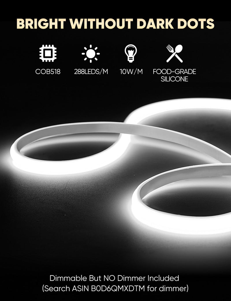 COB Led Neon Rope Lights 16ft 6000K Cool White, 110-120V Outdoor Waterproof Lighting Strip 600lm/m Bright, Cuttable and Adhesive, for Roof Bedroom Garden Commercial 16FT/5M