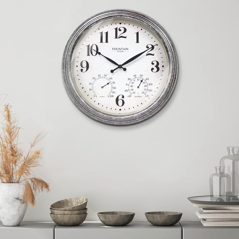 18 Inch Outdoor Clocks for Patio Large Waterproof with Thermometer, Large Wall Clock with Temperature and Humidity Combo,Weatherproof for Pool Decor,Galvanized Finish Galvanized 18 inch