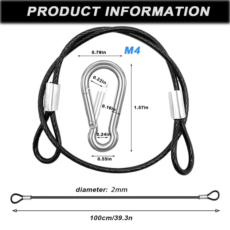 5 Pack 40 Inch(100cm) Stainless Steel Tethers with 4 Pcs Spring Snap Hook Clips, Steel Wire Cable with Loops Vinyl Cover Coated Short Rope Lanyard Lock Tether Chains, Black 5p-100cm-black