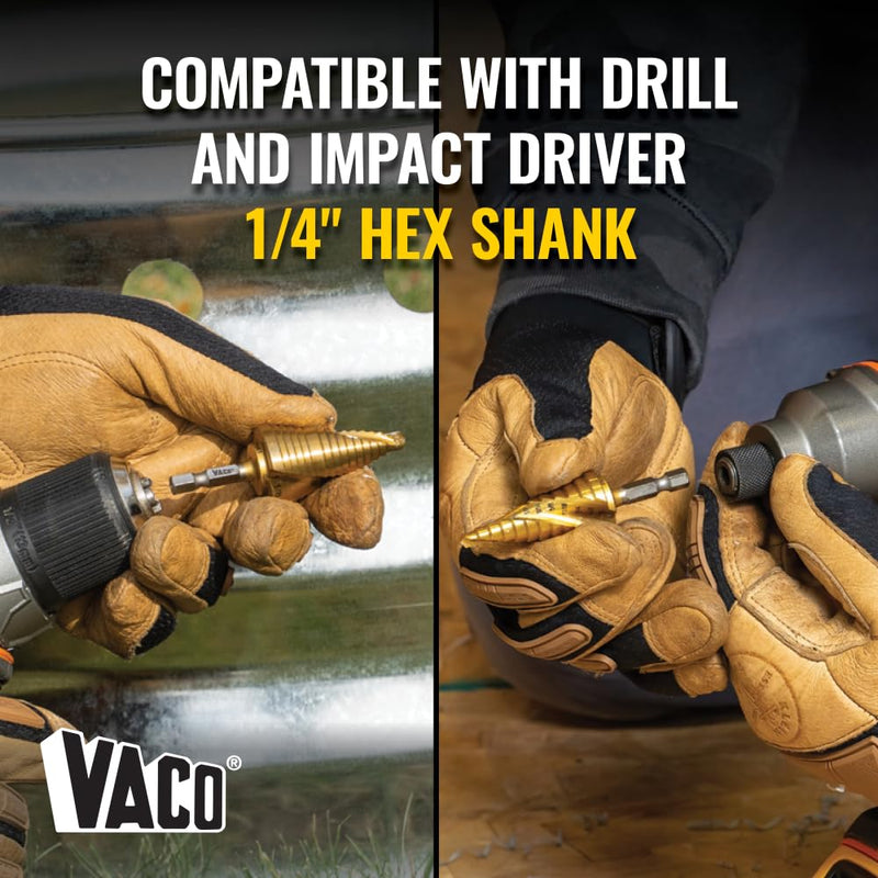Klein Tools 25961 Step Drill Bit, 7/8 to 1-1/8-Inch, Spiral Double-Fluted, Cut Thin Metal, Plastic, Aluminum, Wood, 1/4-Inch Hex Shank, VACO