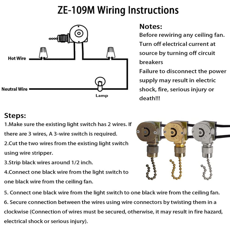 Ceiling Fan Light Switch Metal Zing Ear ZE-109M,Two-Wire ON-Off Pull Chain Switch, Compatible with Hunter Ceiling Fan Light (Bronze) Bronze