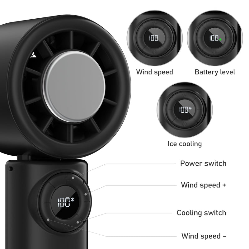 CIVPOWER Handheld Fan: Portable Small Ice Cooling Plate- 4000mAh Rechargeable 100 Gear High-Speed Turbo 10500 RPM - Personal Foldable Battery Operated for Travel Indoor Outdoor Women Men (Black) Black