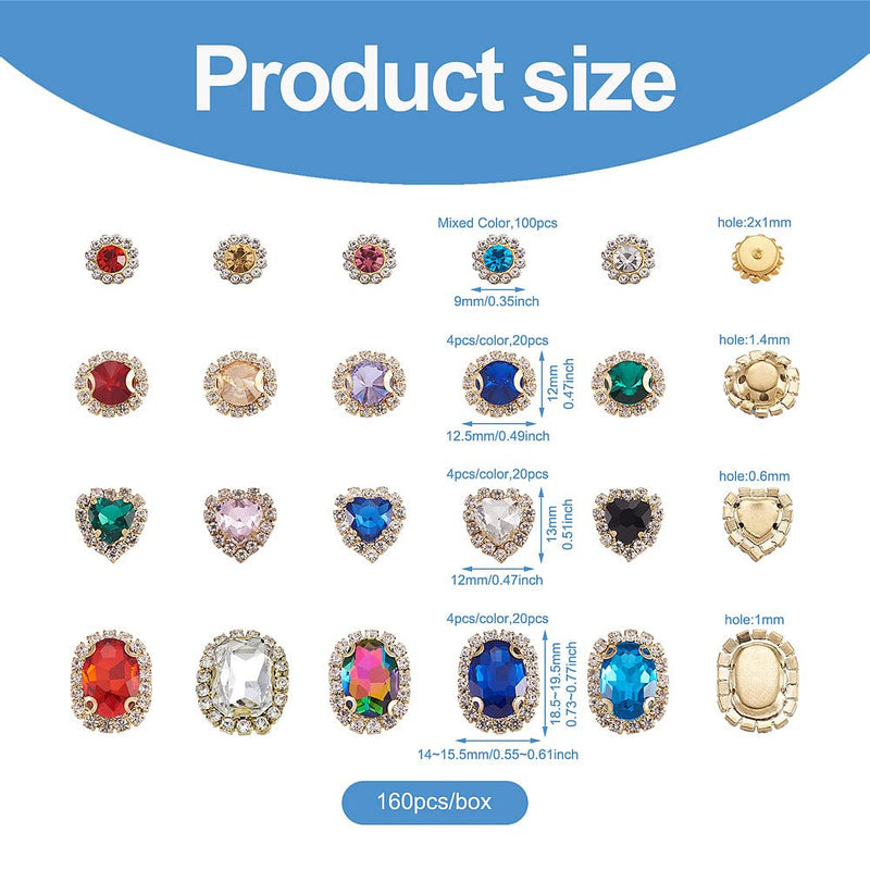 160PCS Sew on Rhinestones for Jewelry Costumes with Light Gold Plated Claws Sewing Glass Crystals Gems for Necklaces Brooches Dress Hair Bows Hats Decor Assorted Shapes
