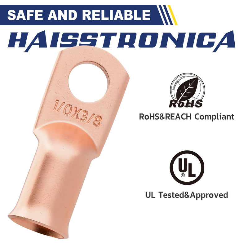haisstronica 10pcs 1/0 AWG - 3/8"(M10) Battery Cable Lugs, Heavy Duty Copper Wire Lugs with 10pcs 3:1 Adhesive Heat Shrink Tubing, 1/0 Gauge Wire Lugs, Battery Terminal Connector, Battery Cable Ends 1/0 AWG- 3/8"(M10) Ring Bare Copper