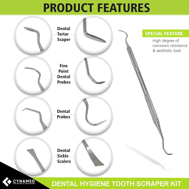 CynaMed Dental Tools Oral Care Kit (5-Pack) – Stainless Steel Dental Pick, Tartar Scraper, Scaler, Tweezers, and Mouth Mirror for Personal & Pet Use Pack of 5