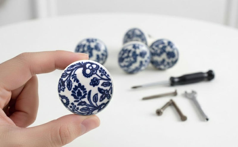 Beautiful Blue and White Ceramic Knobs - Set of 10 Decorative Floral Print Round Knobs Kitchen Cabinet Drawer Knobs | Elegant Wardrobe & Dresser Pulls with Glossy Finish (1.5-Inch Diameter)