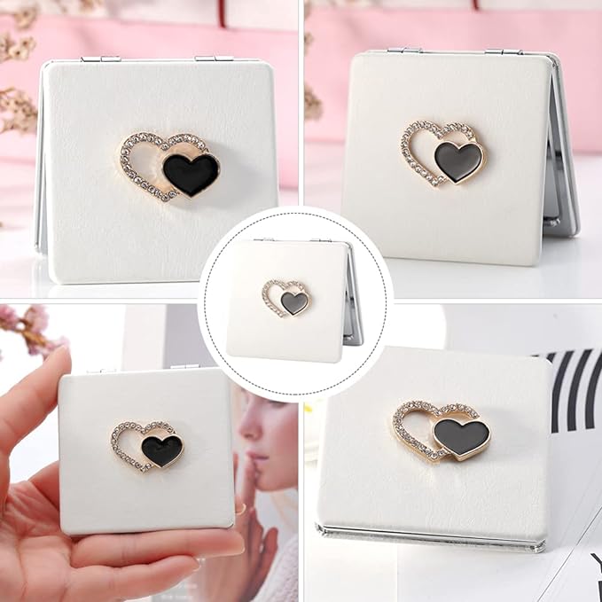 BESTOYARD Hand Mirror, Two-sided Cosmetic Mirror, Metal, PU, Nordic Style, Actress Mirror, Foldable, Square, Compact, Heart, Rhinestone, Gift for Girlfriend, Small, Easy to Carry, For Makeup - NewNest Australia