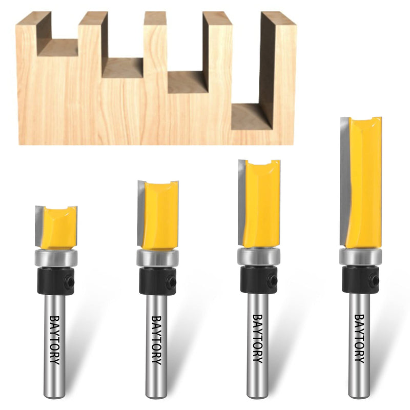 BAYTORY Professional Pattern Flush Trim Router Bit Set with 1/4 inch Shank, 4Pcs 1/2" Cutting Diameter Carbide Bits with Top Bearing Prevent Tear-Out, Template Guide Woodworking Milling Cutter Tool 1/2" Cut Dia.