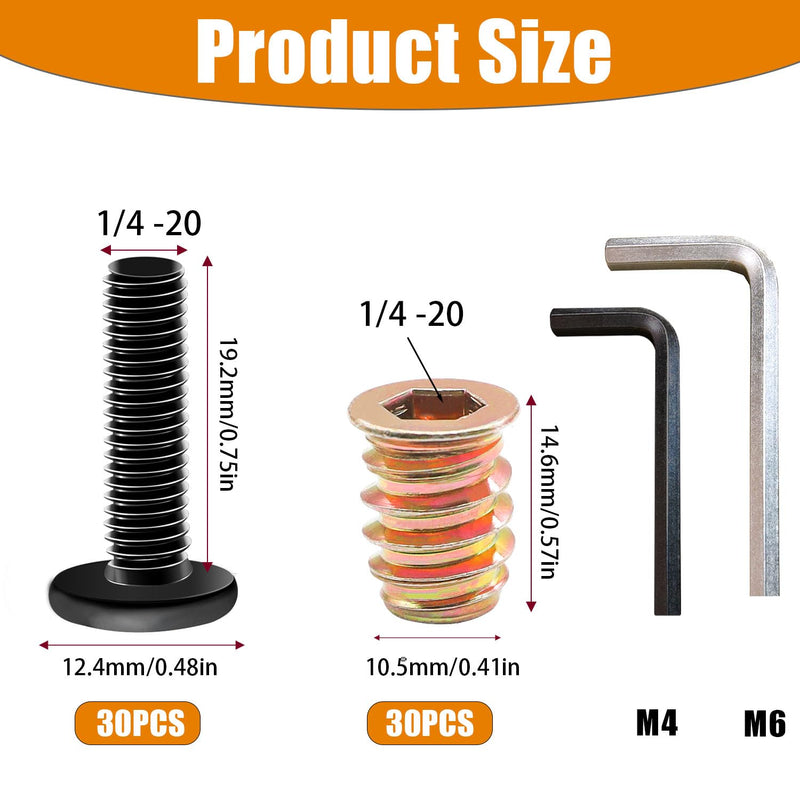 Taiss 30 Sets 1/4-20 x 3/4" Furniture Screw Nut Threaded Inserts for Wood,1/4-20 x 19/32" Nut Threaded Wood Inserts Bolt Fastener Connector Hex Socket Drive Screw-in Nuts with Hex Spanner 1/4-20 x 3/4"