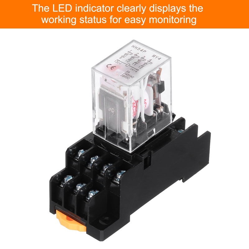 MECCANIXITY 2Pcs AC 24V Electromagnetic Power Relay, 14-Pin 3A Power Coil Relay with LED Indicator and Socket Base DPDT 4NO 4NC - MY4NJ for Industrial, Home Appliances and DIN Rail System 4NO-4NC AC24V