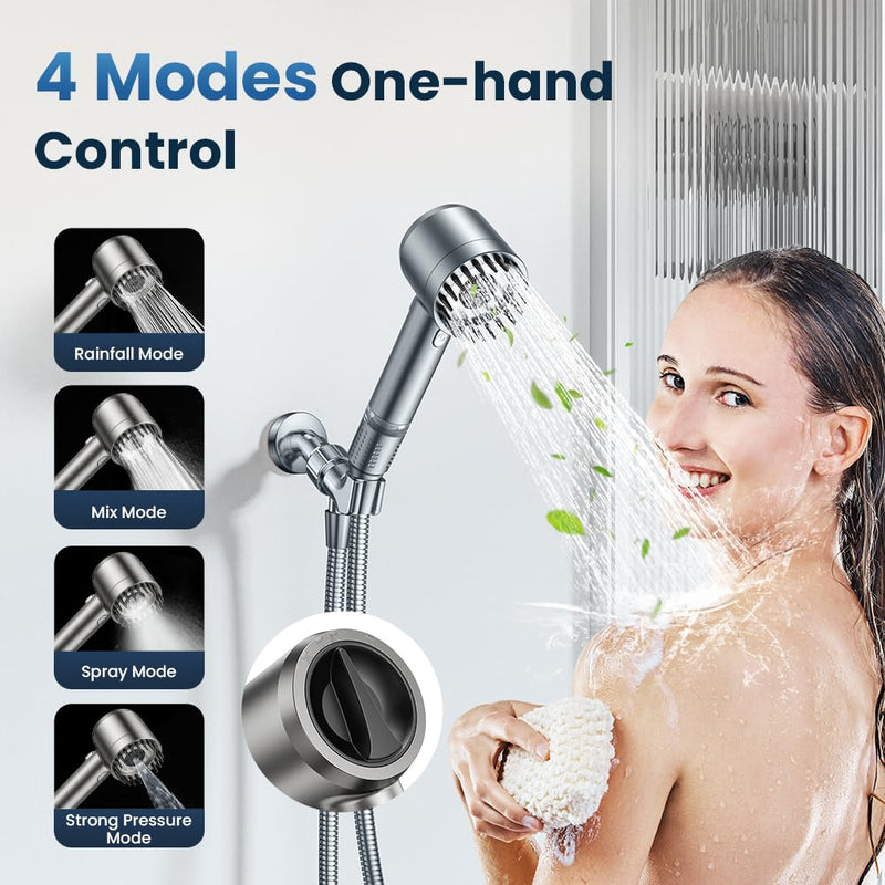 Filtered Shower Head with Handheld,High Pressure Shower Head 4 Spray Modes,Shower Head with ON/OFF Switch for Pets,Built-in Power Wash to Clean Tub,Shower Heads Combo with Stainless Steel Hose Gray