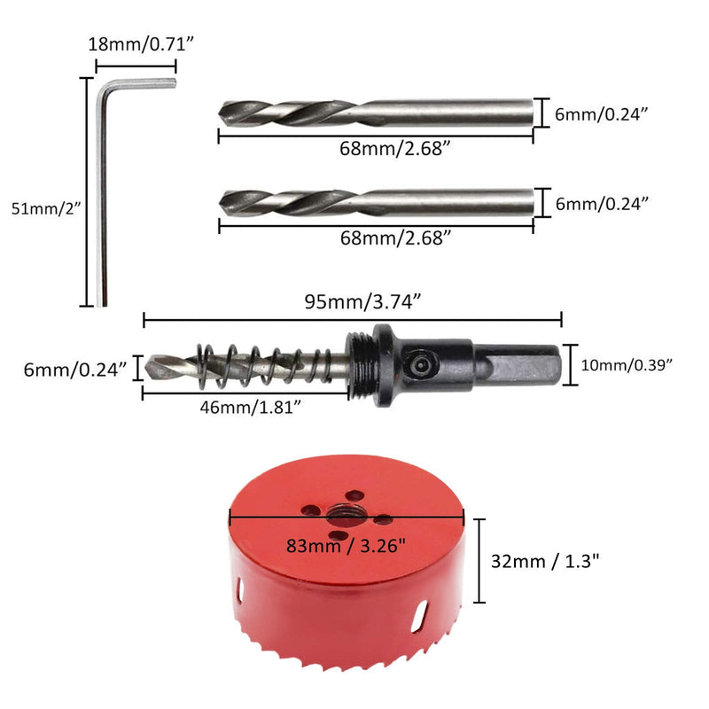 Hordion 83mm/3 1/4 inch Hole Saw Bi-Metal Saw Drilling Tool with Twist Drill Bit & L Hex Wrench for Cornhole Boards Wood Plasterboard Plywood Plastic 83mm / 3 1/4" Red