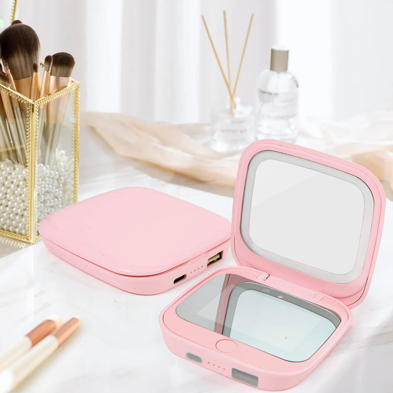 UV Camera Mirror for Sunscreen Test & SPF Detection, 1x/2x Magnifying Travel Mirror with Dimmable LED Lights, Handheld 2-Sided Portable Makeup Mirror for Handbag/Pocket,Pink Pink