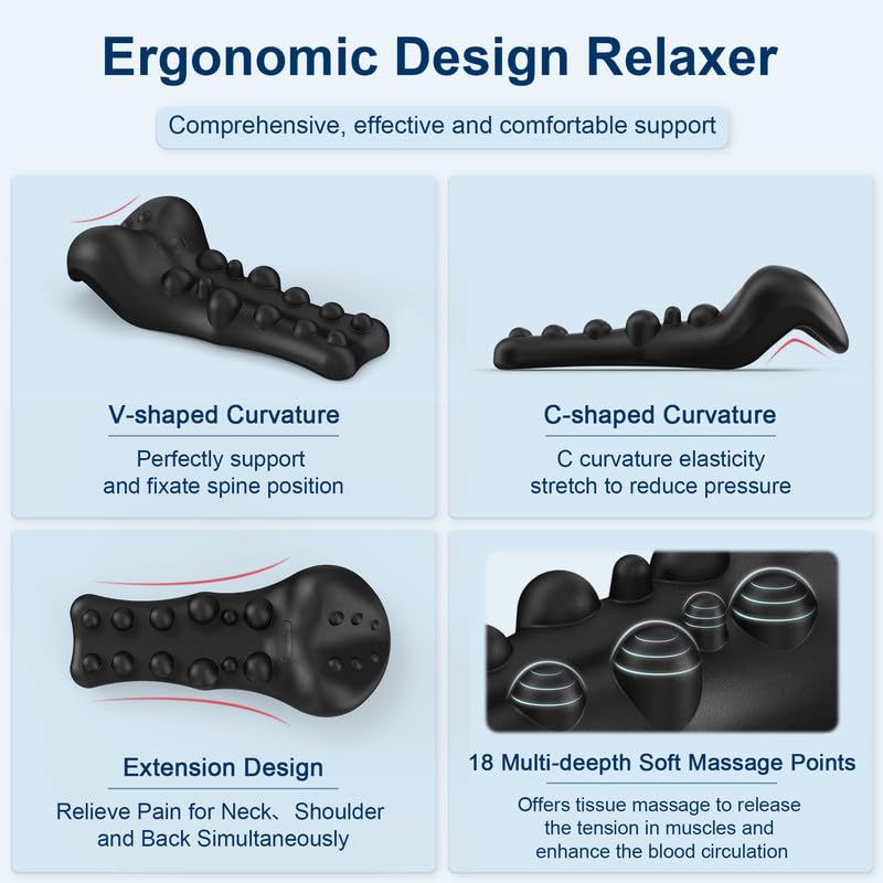 Neck and Shoulder Relaxer with Upper Back Massage Point, Cervical Traction Device Neck Stretcher for TMJ Pain Relief and Cervical Spine Alignment Chiropractic Pillow (Black) Black