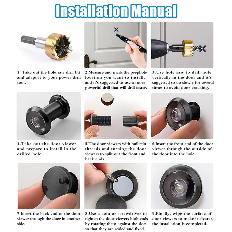 Door Viewer Peephole, Door Viewers with 0.63inch/16mm Drill Bit Kit, Fits 1-3/8" to 2-1/4" Front Door, 200 Degree Wide Angle Peep Eye Hole, Anti Peeping Reverse Privacy Covers - Matte Black