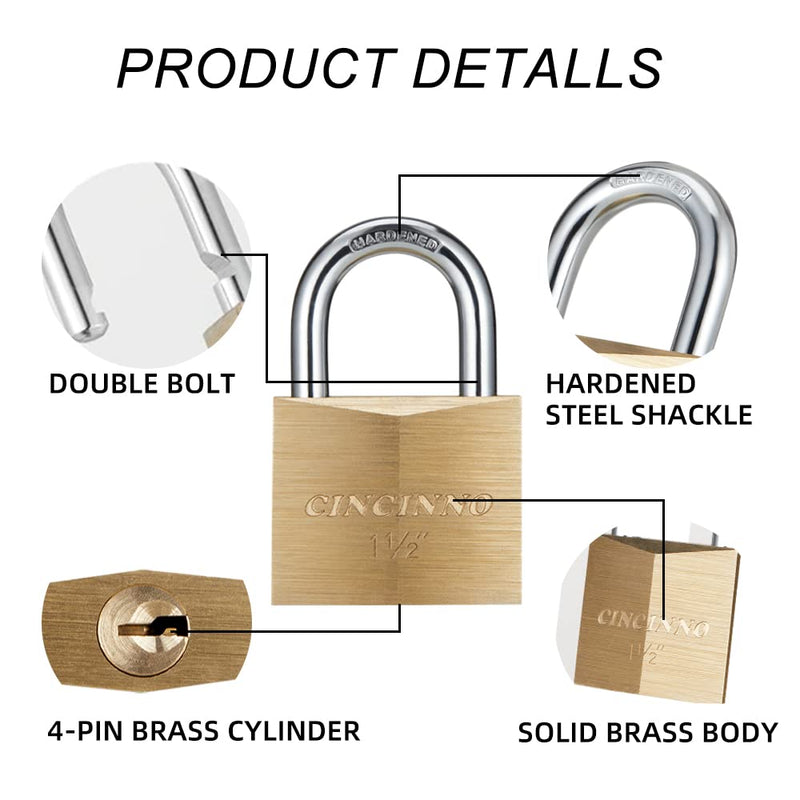 Solid Brass Padlock with Key, Key Lock with 1-9/16" Wide Body, 2 Pack Keyed Alike Locker Lock with Key 40mm 2pack