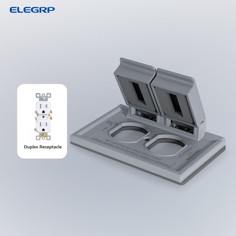 ELEGRP Horizontal Outdoor Cover for Duplex Receptacles, 2-Hole Weatherproof Wall Plate, Outdoor Electrical Outlet Cover, Standard Size 1-Gang 4.55” x 3.02”, Thermoplastic, 1 Pack, Grey Grey-Horizontal (2 Holes)