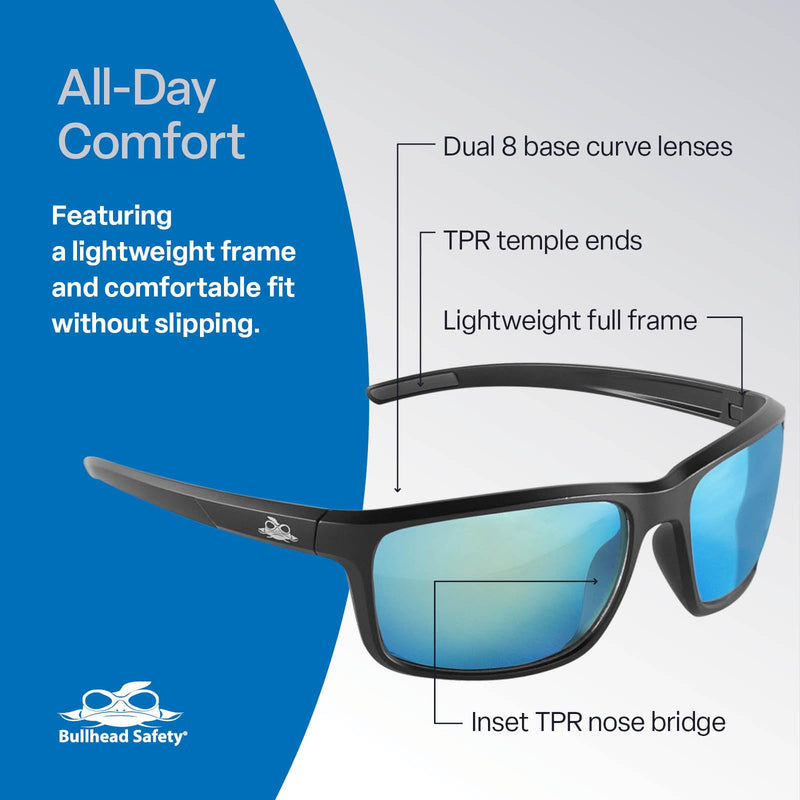 Bullhead Safety Eyewear Pompano Glasses - Anti-Fog, Lightweight, Impact/Scratch Resistant, Polarized Sunglasses for Cycling, Fishing, Driving, Ice Blue/Matte Black Performance Fog Tech, Polarized, Precision Lens Ice Blue Mirror Lens, Matte Black Frame