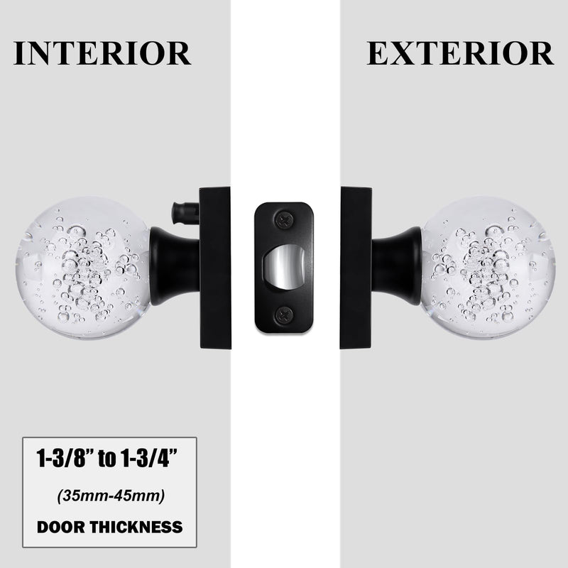 Glass Crystal Door Knobs Interior with Lock, Round Clear Bubble Ball Modern Classic Matte Black Privacy Door Knobs for Bedroom Bathroom