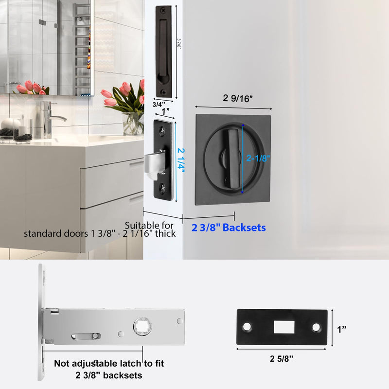 Dontay Pocket Door Privacy Lock and Pull, Stainless Steel 304 Contemporary Pocket Door Knob, Flush Door Handles, Privacy (Bed/Bath) Latch, 2-3/8" Backset, Sliding Barn Hardware (Matte Black, Square) Matte Black 1
