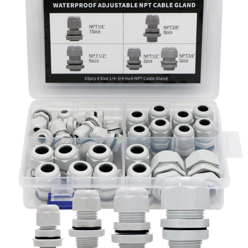 33PCS Cable Gland Waterproof Kit White IP68, Plastic Cable Connectors Black Nylon Adjustable 3-18mm with Locknut and Washer,Electrical Conduit Fitting 1/4” 3/8”1/2”3/4” Strain Relief Cord Grip 33pcs kit box