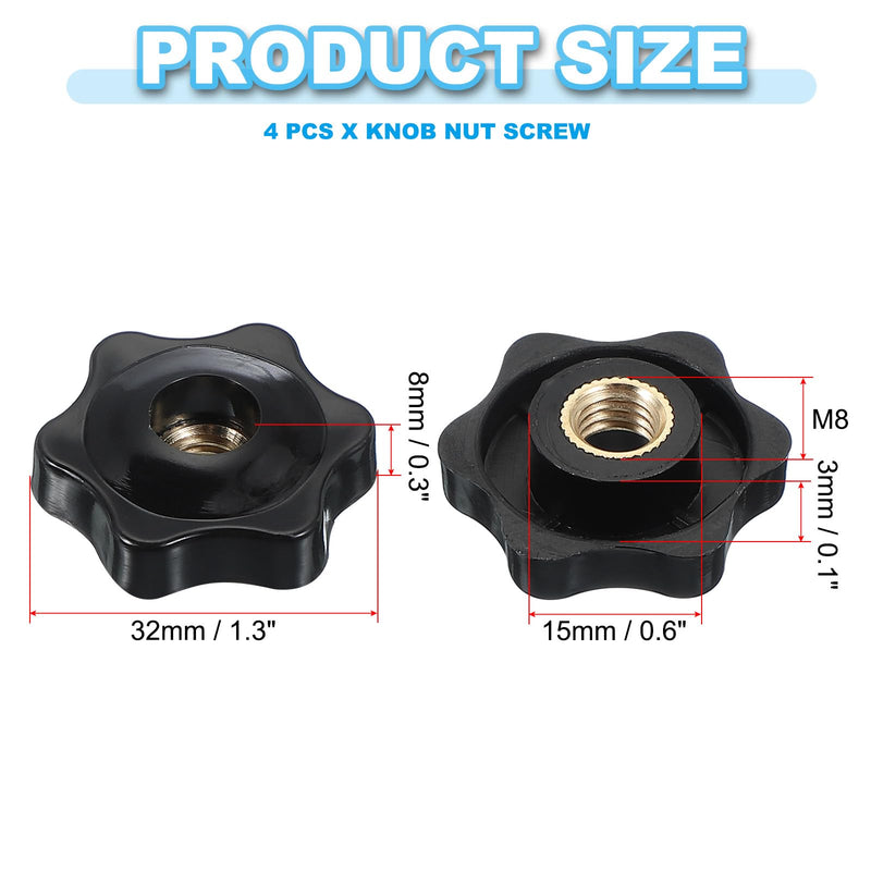 PATIKIL M8 x 32mm Through Hole Knob Nut Screw, 4 Pcs Brass Screw-On Female Thread Knob Plastic Star Knobs Clamping Handles Threaded Hand Knobs Black
